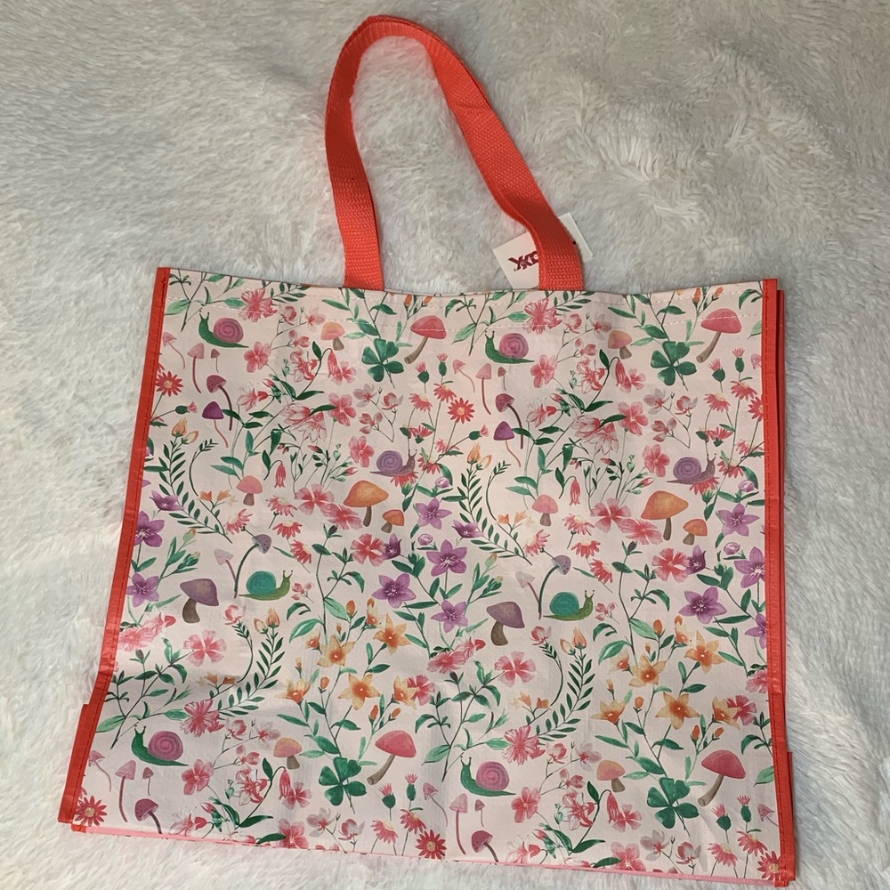 Mushroom Floral Tote Bag with Coral Accents Reusable Shopping Bag TJMaxx NWT